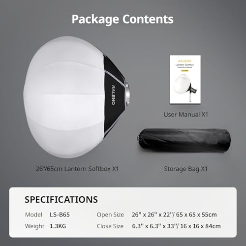 RALENO 26"/65CM Lantern Softbox, Quick Release Soft Light Diffuser with 360° Light Effect, Bowens Mount Softbox Continuous LED Video Lights for Aputure for Neewer for SMALLRIG