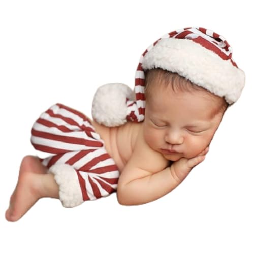 Christmas Newborn Baby Photo Shoot Props Outfits Crochet Clothes Santa Claus Red Hat Pants Photography Props - color: Red and Off-white