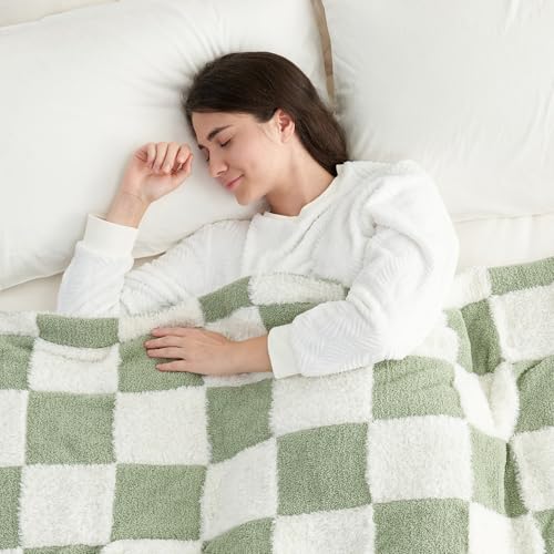 Snuggle Sac Sage Green Checkered Throw Blanket Faux Fur Knitted with Microfiber Yarn, Cozy Soft Warm Spring Blankets for Couch,Sofa,Bedroom,Sage Green Checker,50x60 inches - color: Green White, size: Throw(50"x60")