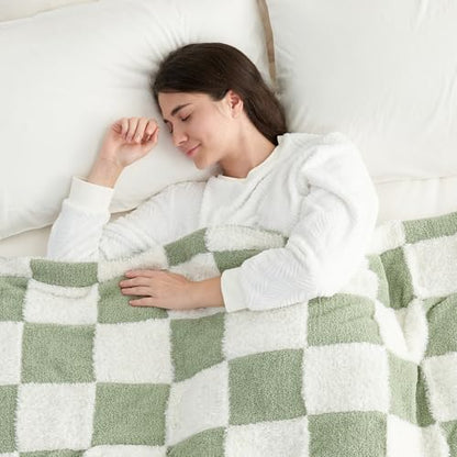 Snuggle Sac Sage Green Checkered Throw Blanket Faux Fur Knitted with Microfiber Yarn, Cozy Soft Warm Spring Blankets for Couch,Sofa,Bedroom,Sage Green Checker,50x60 inches - color: Green White, size: Throw(50"x60")