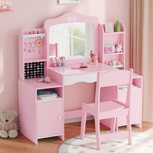MU Kids Vanity, Girl Vanity Set with Mirror and Stool, 2 in 1 Toddler Makeup Vanity Table with Jewelry Storage, Wooden Princess Makeup Desk Dressing Table for Little Girls, (Pink) - color: Pink