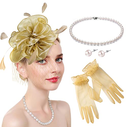 Fascinators Hats with Gloves Set for Women 20s 50s Cocktail Tea Party Wedding Costume Headwear - color: A-yellow