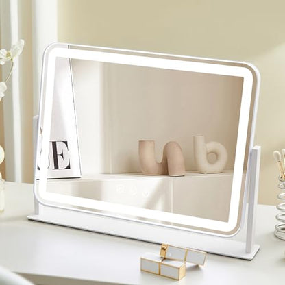 HIEEY Vanity Mirror with Lights, 13.5" x 17.4" Makeup Mirror with Lights, Three Color Lighting Modes, and 5X Magnification Mirror, Smart Touch Control, 360°Rotation (White,Gift Box) - style: 13.5" x 17.4" (96 LED)