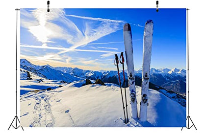 5x3ft Fabric Snowy Mountain Photography Backdrop Winter Snowboard Decorations Ski Party Supplies Baby Shower Background Christmas Party Backdrop Wedding Anniversary Photo Studio Booth Props - size: 5x3FT