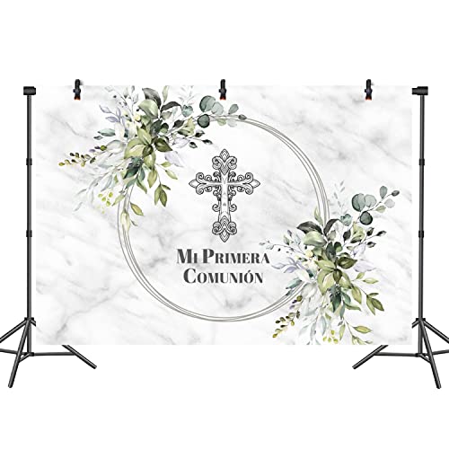 5x3ft Mi Primera Comunión Backdrop Abstract Grey Marble Cross Green Leaves Photo Background for Baptism Party Christening Polyester Photography Banner Decoration Supplies Props - size: 5x3ft-Polyester