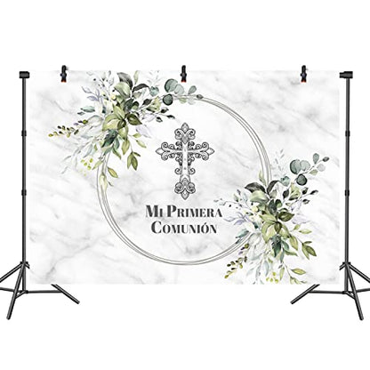 10x6ft Mi Primera Comunión Backdrop Abstract Grey Marble Cross Green Leaves Photo Background for Baptism Party Christening Polyester Photography Banner Decoration Supplies Props - size: 10x6ft-Polyester