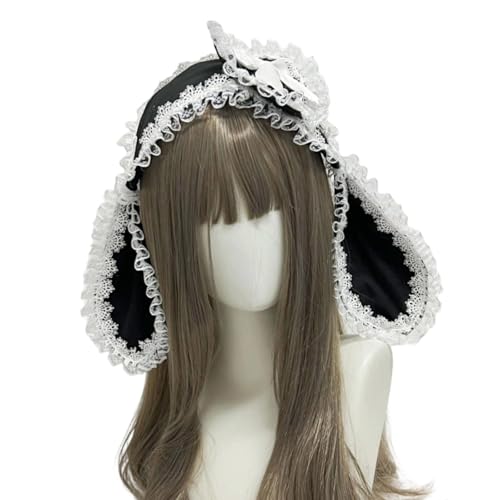 Rabbits Ears Hairband Photo Props Easter Hair Hoop Hairband Party Headpiece Fun Headbands for Music Festival - color: Black & White Lace