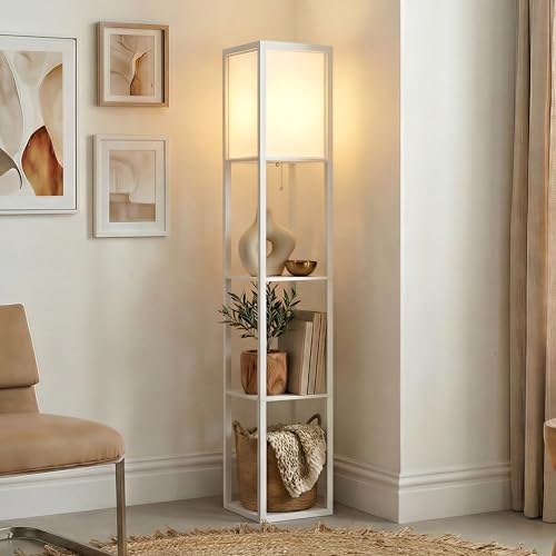 Brightech Maxwell - Modern Shelf Floor Lamp with Lamp Shade & Warm White LED Bulb, Corner Display Floor Lamp with Shelves for Living Room, Bedroom, Nightstand Office, Home Decor Storage - White - color: White