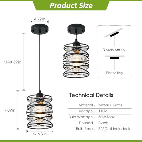 Hammered Glass Pendant Light, Black Metal Spiral Cage Hanging Lamp, Adjustable Height Modern Hanging Light Fixture for Kitchen Island, Dining Room, Living Room, Hallway, Entryway - color: 1-Pack Hammered Glass 6.30in