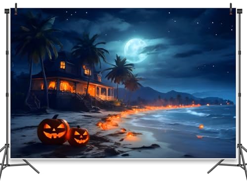 Halloween Beach Backdrop Scary Halloween Pumpkin Lantern Hawaii Seaside Photography Background Tropical Beach Theme Halloween Party Decor Banners Props 5x3ft - color: Halloween 001, size: 5x3ft