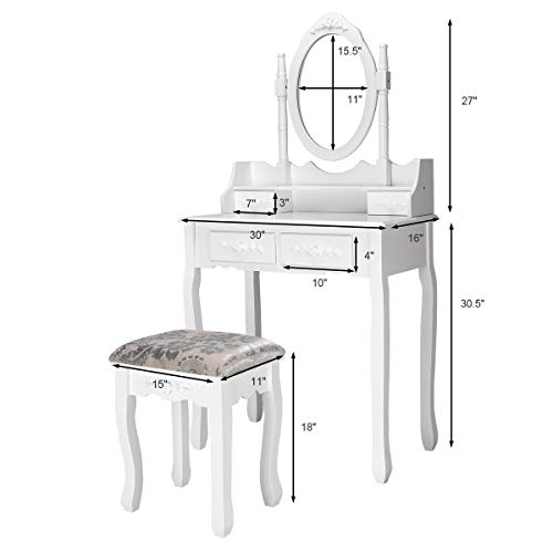 Giantex Vanity Table Set with Oval Mirror and 4 Drawers, Makeup Dressing Table with Cushioned Stool, Wooden Makeup Table for Bedroom Bathroom Girls Women, White - color: White, style: 4 Drawers