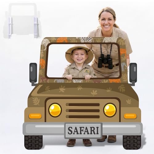 Capoda Safari Truck Photo Backdrop Stand up Cardboard Cutout for Jungle Party Decorations - 60 x 54 Inch Forest Animal Adventure Car Standee with Face Opening for Zoo Birthday Party Family Activity - style: Jungle Safari Car