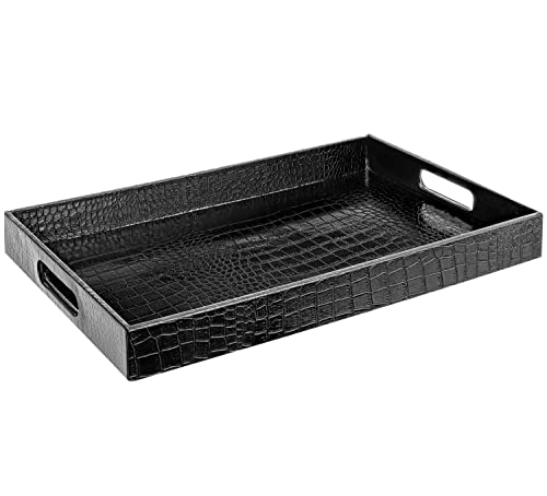 Black Leather Serving Tray with Handles, Glossy Faux Crocodile Print, 17.5x12 Food Drinks Tray for Coffee Table, Breakfast, Dinner & Bar, Decorative Storage Tray for Ottoman, Kitchen, Bedroom, Gift. - color: Black