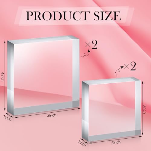 Vicenpal 4 Pieces Acrylic Square Display Block 3 x 3 x 1 Inches, 4 x 4 x 1 Inches Clear Polished Acrylic Cube Acrylic Jewelry Display Stand Ring Showcase Display Holder Base
