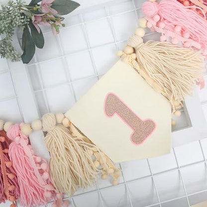 Girls 1st Birthday Tassels High Chair Banner -1st Birthday Decorations for a Girl,Boho First High Chair Banner,Rose Gold Cake Smash Photo Prop