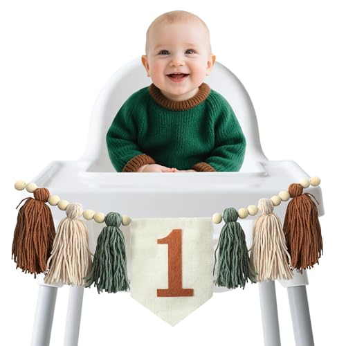 Jungle Wild One Handmade 1st Birthday High Chair Banner for Baby Boys Green Brown Wall Hangings Wood Bead Tassel Garland First Birthday Party Decorations Photo Props - color: brown and green