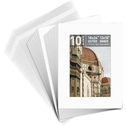 Golden State Art, Pack of 10, Pre-Cut 18x24 White Picture Mat Kit for 12x18 Photo, 10 White Core Bevel Cut Mattes, 10 Backing Boards and 10 Clear Bags - color: White, size: 18x24 for 12x18 (10 Pack)