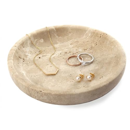 Small Natural Marble Jewelry Tray Key Plate Holder Dish Trinket Decor Catch All Bowl for Ring Earring Stone Gift for Women Daugther,Beige Travertine，5.5" - color: Beige Travertine