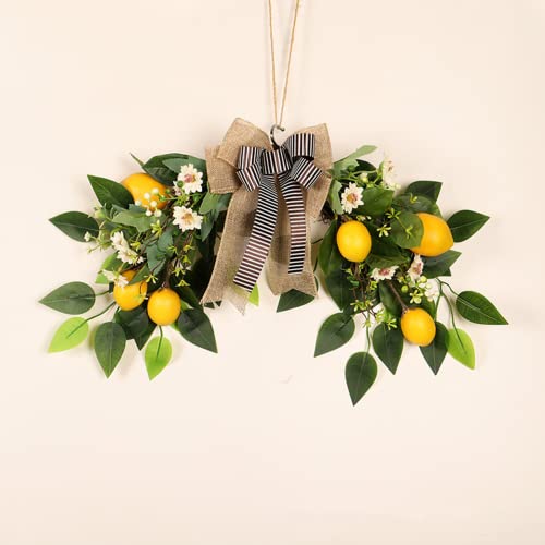 MANMAOHE Flower Swag Artificial Lemon Swag 22In Spring/Summer Wreath Fruit Wreath Garland with Ribbon Daisy and Eucalyptus Leaves for Wedding Home Party Wall Decor