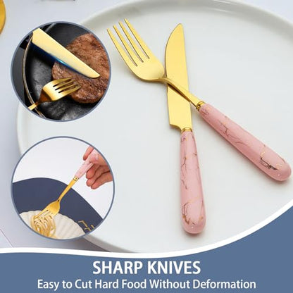 24 Pieces Flatware Set, Stainless Steel Cutlery Set with Silverware Holder, Modern Gold Silverware Set Includes Dinner Knives Forks Spoons,Hanging Silverware Set Service for 6 (Pink Gold) - color: Pink Gold