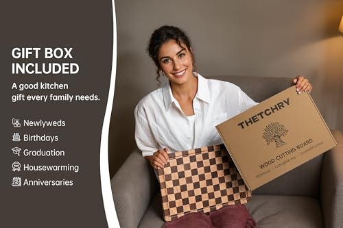 THETCHRY Cutting Boards for Kitchen, Extra Large Chopping Board for Stovetop, Checkered Acacia Wood Cutting Board with Juice Grooves, Butcher Block with Gift Box, 20" x 15" x 1" - size: 20"×15"×1"