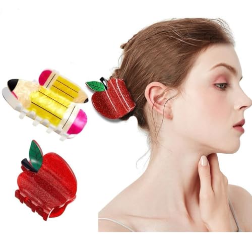 2 Pcs Red Apple Hair Clips, Acetate Yellow Pencil Claw Clips for Women Girls Cute Stylish Hair Accessories Student Back to School Hair Jaw Barrettes Teacher Appreciation Gifts - color: Back School B