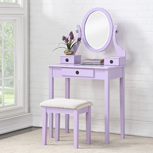 Roundhill Furniture Moniys Wood Moniya Makeup Vanity Table and Stool Set, Purple - color: Purple
