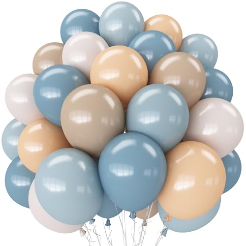 Dusty Blue Neutral Balloons, 12Inch Retro Blue Boho Apricot Latex Balloons, Double Stuffed Nude White Party Balloon for Boho Baby Shower Boys Birthday Wedding Bear Theme Newborn Welcome Party Decor - color: Retro Blue Apricot White