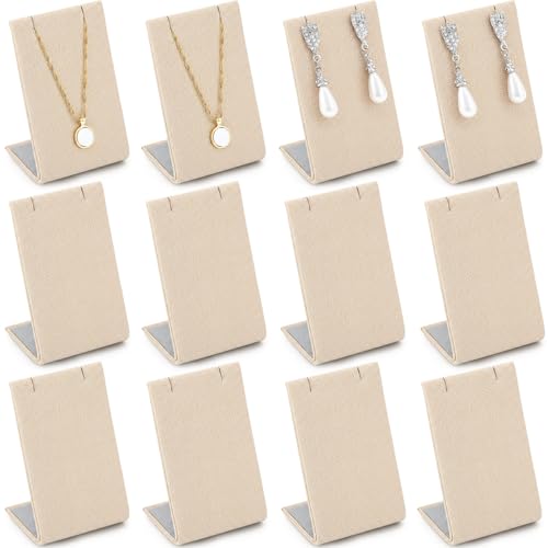 RattanView 12 Pieces Velvet Earring Display Stand Necklace Pendant Jewelry Stand Showcase Organizer Display Holder for Earring Pendant Accessory Rack(Linen Color,Straight Style,Linen) - color: Linen Color, style: Straight Style