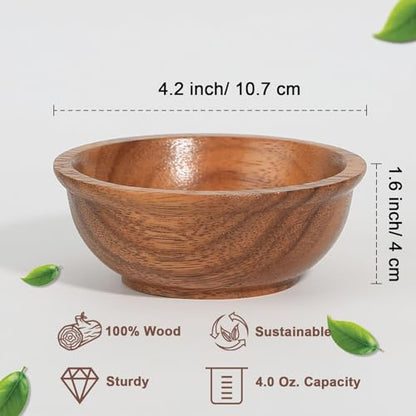 Acacia Wooden Bowls, 4 Inch Handcrafted Wood Serving Bowls Set of 2 for Sauce/Dips/Condiments, Mini Farmhouse Side Dishes with Natural Textured for Charcuterie Board/Appetizers - size: D 4.2'' x H 1.6''