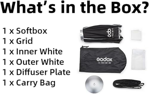 Godox 16" Small Square Softbox Quick Release, UL 40x40cm Universal Bowens Mount Soft Box Fast Setup for Studio Photography, Streaming, Video Lights with Diffusers/Honeycomb Grid/Diffuser Plate - size: 40x40cm /16"
