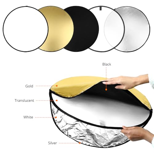 QWORK 22 Inch (60 cm) 5-in-1 Collapsible Light Reflector & Diffuser - Translucent, Silver, Gold, White, Black, Multi Disc Photography Reflector for Studio Outdoor Photography