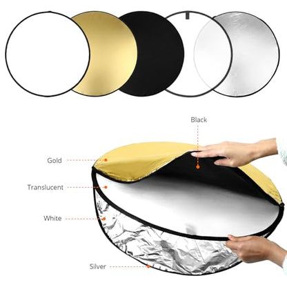 QWORK 22 Inch (60 cm) 5-in-1 Collapsible Light Reflector & Diffuser - Translucent, Silver, Gold, White, Black, Multi Disc Photography Reflector for Studio Outdoor Photography