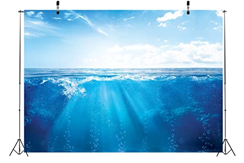 BELECO 15x10ft Fabric Blue Ocean Underwater Backdrops for Photography Blue Sky White Clouds Sunshine and Sea Bubbles Background for Kids Birthday Photoshoot Baby Shower Party Decorations Photo Props - size: 15x10FT
