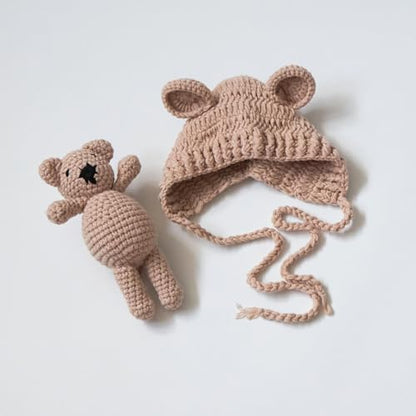 Zeroest Newborn Baby Boy Girl Photography Props Bear Hat Outfits Crochet Kint Handmade Cap Set for Newborn Photo Shoot - color: Light Camel