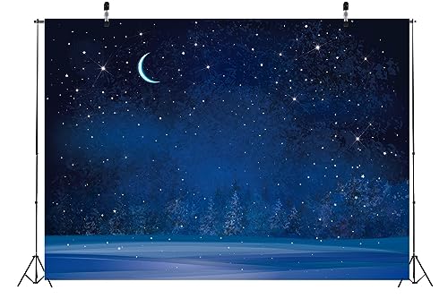 BELECO 15x8ft Fabric Winter Wonderland Night Snowfall Backdrop Blue Starry Sky Moon Stars Snowflakes Fir Trees Pine Forest Snow Scene Background Christmas New Year Party Decoration Photo Studio Props - size: 15x8FT