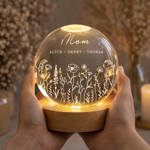 Noni Personalized Grandma's Garden Crystal Ball LED Night Light, Custom Birth Month Flowers, Heartfelt Gift for Grandma, Mom, Mother's Day Style 01 - color: Style 01