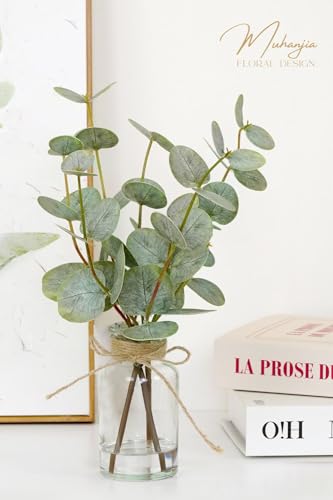 Muhanjia Artificial Eucalyptus Stems in Glass Vase with Faux Water,3Pcs Fake Plant with Double-Sided Green Leaves for Centerpiece(Double-Sided Green Eucalyptus)