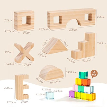 Woodtoe Wooden Rainbow Building Blocks Set for Toddlers, 22 PCS Wooden Blocks & 25 PCS Gem Cubes Stacking Blocks, Montessori Stacking Toys, Educational STEM Birthday Toys Gifts for Kid Boy Girl 3-6 - style: Rainbow Building Blocks Set