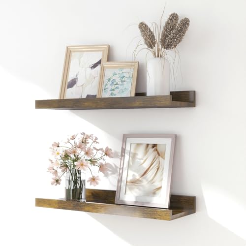 Floating Shelves for Wall Decor, Wall Mounted Wood Storage Shelf for Bedroom, Living Room, Bathroom, Kitchen, Nursery, Rustic Display Picture Ledge Shelf with Lip Set of 2-14 Inches, Brown - color: Brown, size: 13.6in