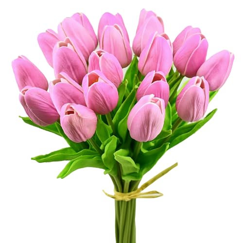 Mandy's Lavender Artificial Tulips Flowers Centerpiece, 13.5" Lifelike PU Fake Floral Stems 20pcs for Kitchen Island & Dining Table, Spring Decor for Easter - color: Lavender
