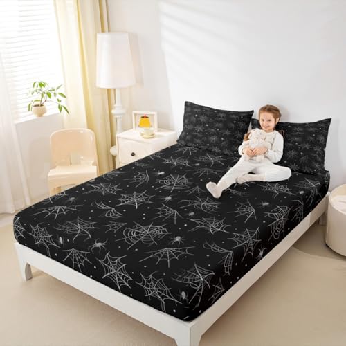 Feelyou Happy Halloween Bed Sheets Set Full Size Black Gray Cobweb Deep Pocket Fitted Sheet Spider Bedding Sets Soft Bed Set 4Pcs with 2 Pillow Cases - color: Black and Gray, size: Full