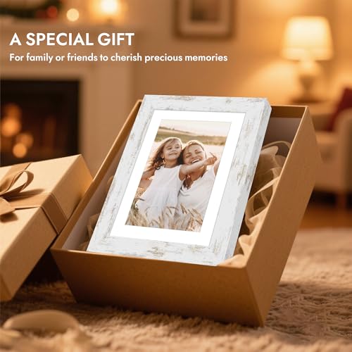 Hongkee 8x8 Picture Frame with Glass, Display Pictures 6x6 with Mat or 8 x 8 without Mat - Wall and Tabletop, 8 by 8 Photo Wooden Frames (Distressed White, 1 Pack) - color: Distressed White, size: 8X8 in