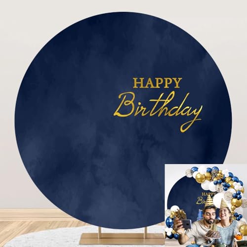 Navy Blue Happy Birthday Round Backdrop Cover Dark Blue Marble Texture Birthday Photography Backdrop Circular Background Cover for Adult Boys Men Bday Party Decoration Arch Photo Props 6ft - size: 6ft-Diameter