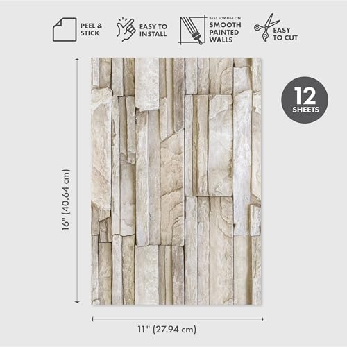 Main Street Peel and Stick Wallpaper Eco-Friendly Sheets 12 Pack, 11 X 16 Inch Stacked Stone Design, Wall Mural for Home Decor, Removable Wall Decor Wallpaper Peel and Stick for DIY Projects - style: Stacked Stone Design