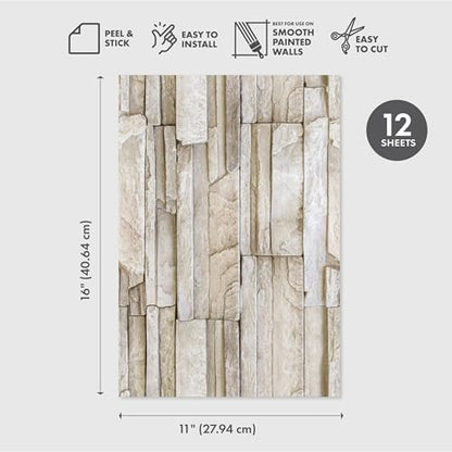 Main Street Peel and Stick Wallpaper Eco-Friendly Sheets 12 Pack, 11 X 16 Inch Stacked Stone Design, Wall Mural for Home Decor, Removable Wall Decor Wallpaper Peel and Stick for DIY Projects - style: Stacked Stone Design