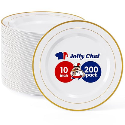 JOLLY CHEF 200 Pieces Gold Plastic Plates, 10 Inch Elegan Disposable Plates White Plate with Gold Rim,Plastic Plates for Christmas、Birthdays and Weddings - style: Gold-200