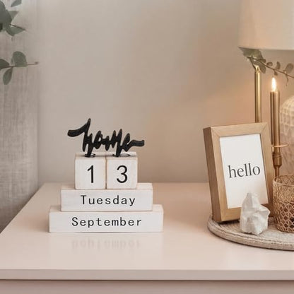 Novabright Retro Wooden Perpetual Block Calendar for Desk Rustic Wood Month Date Display Blocks Home Tiered Tray Decor for Home Farmhouse Office Daily Desktop Calendar Accessories