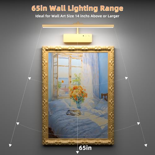 Lightbiz Picture Light, 15.35inch 5400mAh Rechargeable Picture Lights for Wall Battery Operated Wall Lights, 3 Colors Paintings Light Dimmable Art Light for Artwork, Gallery (Gold)