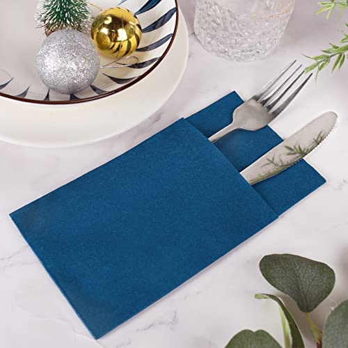 Linen-Feel Navy Blue Paper Napkins, 50 Pcs Cloth Like Dinner Napkins with Built-in Flatware Pocket, Pre-Folded Absorbent Disposable Guest Paper Hand Towels for Bathroom, Weddings Party - color: navy blue